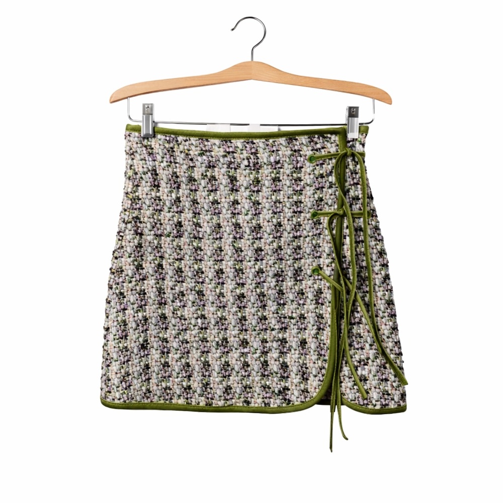 Mukzin Tweed Wrap Mini Skirt Size L Green Trim Lace Up Chic Designer